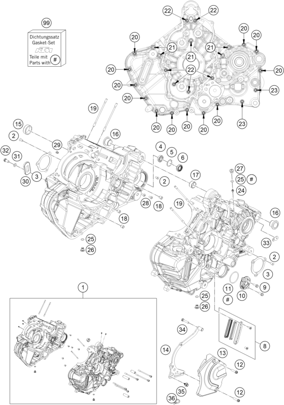 vue éclatée carter moteur - ktm 1390 super adventure s evo, orange jp 2026