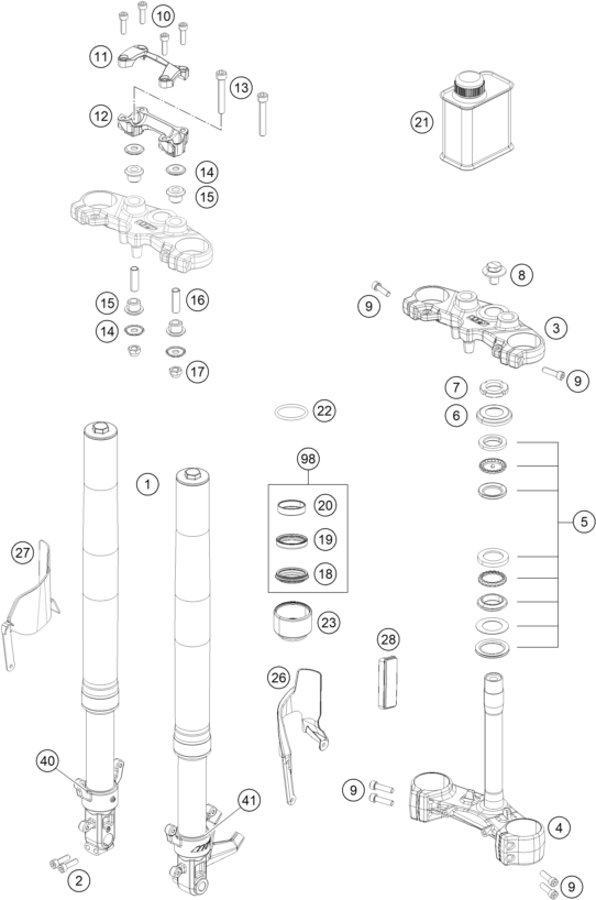 vue éclatée fourche téléscopique, té de fourche - ktm 200 duke, white, w/o abs-b.d. eu 2019
