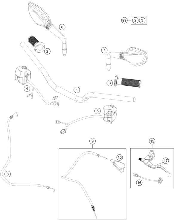 vue éclatée guidon, armatures - ktm 200 duke, white, w/o abs-b.d. eu 2019