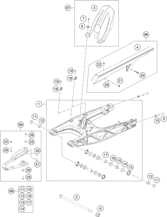 vue éclatée bras oscillant - ktm 200 duke, white, w/o abs-b.d. eu 2019