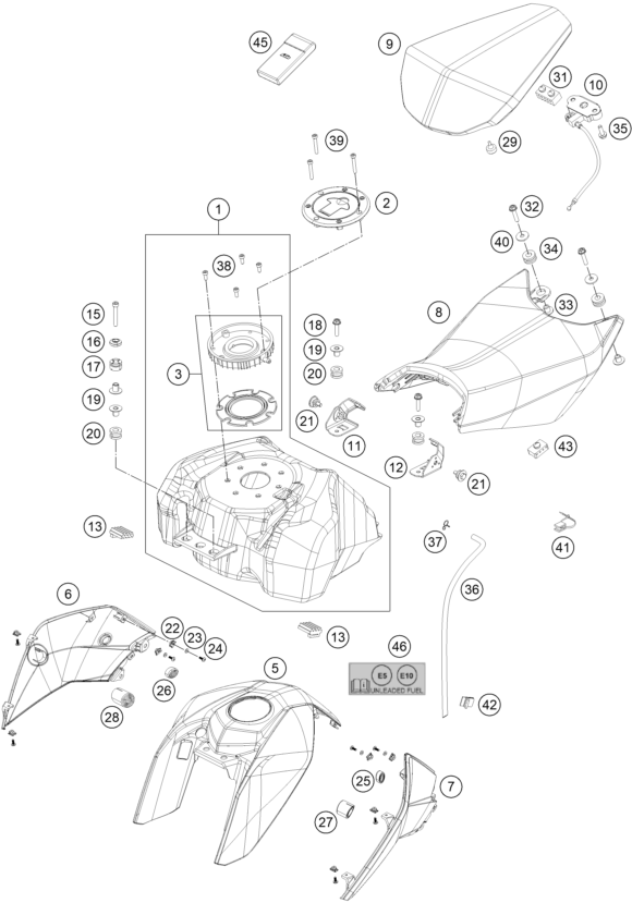 vue éclatée réservoir, selle - ktm 200 duke, white, w/o abs-b.d. eu 2019