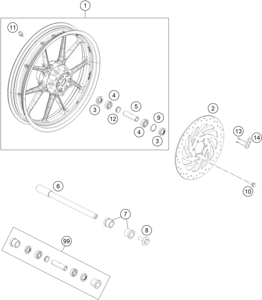 vue éclatée roue avant - ktm 200 duke, white, w/o abs-b.d. eu 2019