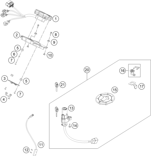 vue éclatée instruments / système de verrouillage - ktm 200 duke, white, w/o abs-b.d. eu 2019