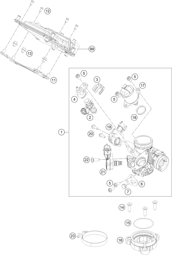 vue éclatée corps du clapet d'étranglement - ktm 200 duke, white, w/o abs-b.d. eu 2019